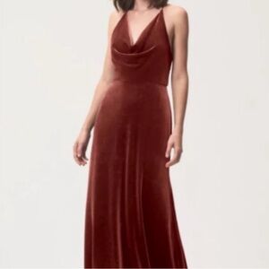 Jenny Yoo Rust Velvet Cowl-Neck Maxi Dress